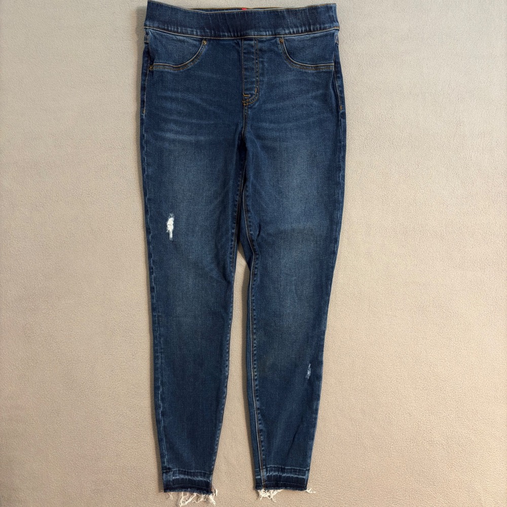 Spanx Distressed Denim skinny Jeans Medium Blue Wash Frayed Hem Pull On Jeans